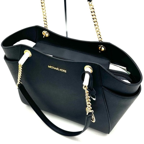 Michael Kors Jet Set Travel Large Chain Shoulder Tote Bag Black/Gold - Picture 9 of 12